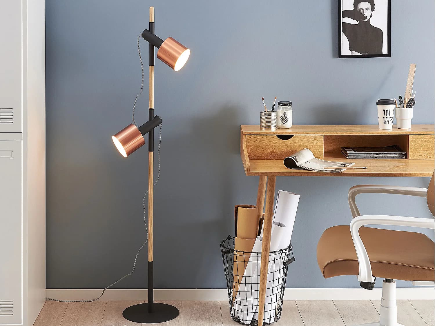 Lampadaire OWENS Réglable Bois de chêne Noir
