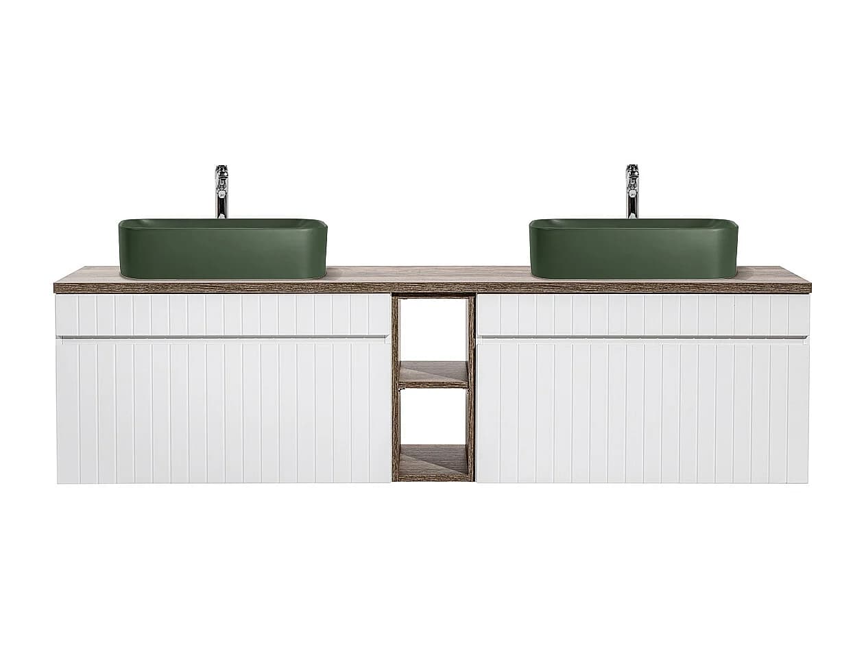 Meuble double vasque 180cm 2 niches Zelie Blanc Bois et Vert