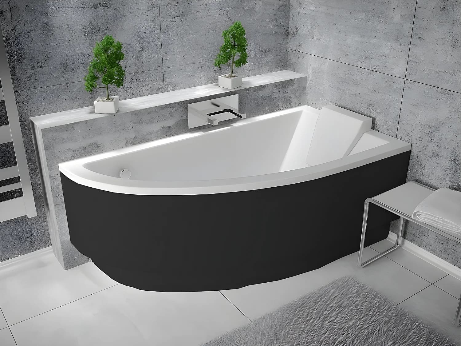 Baignoire asymétrique + tablier noir + repose tête - PRAKTIKA - 140 x 70 cm - Droite