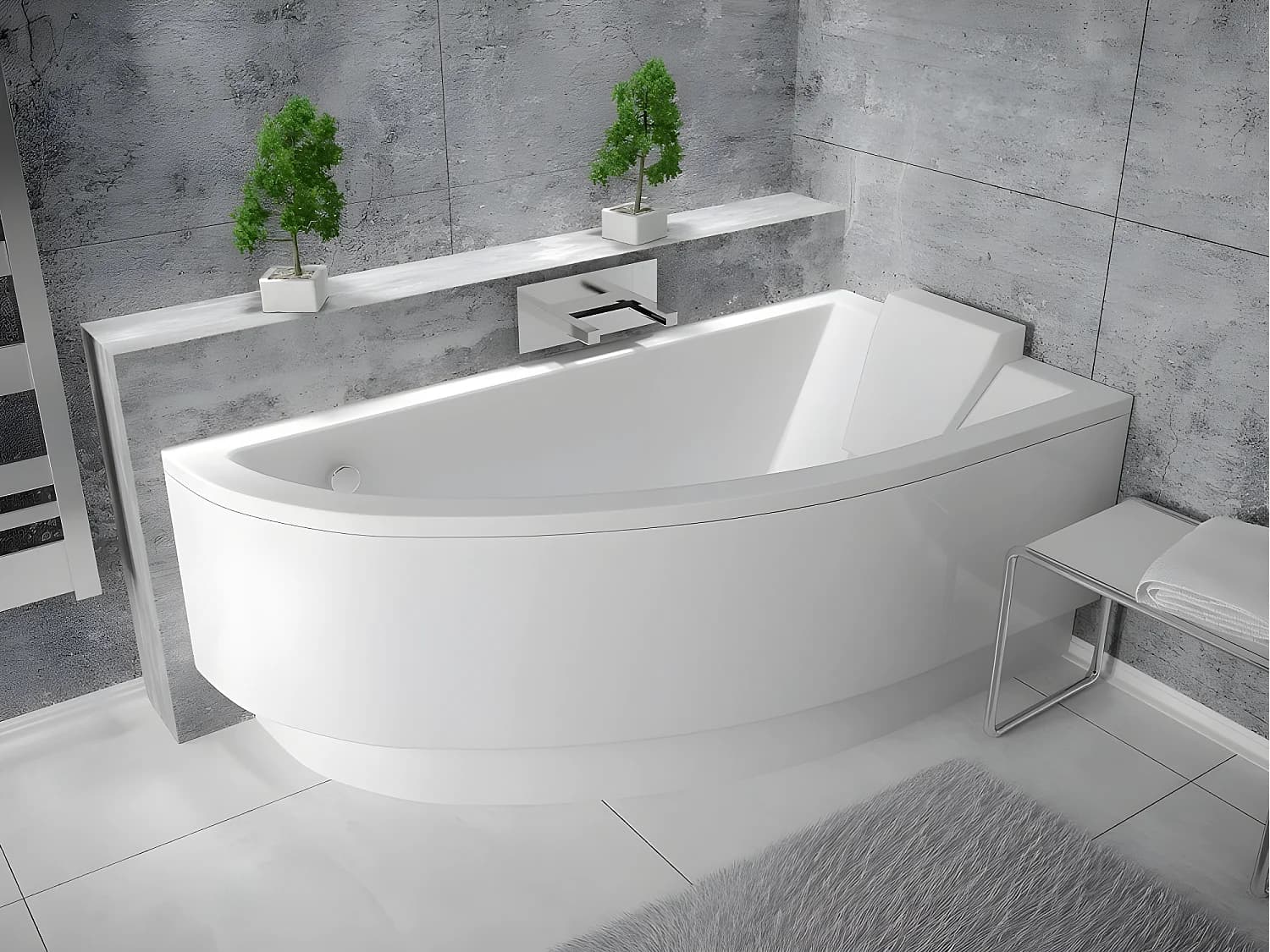 Baignoire asymétrique + tablier blanc + repose tête - PRAKTIKA - 150 x 70 cm - Droite