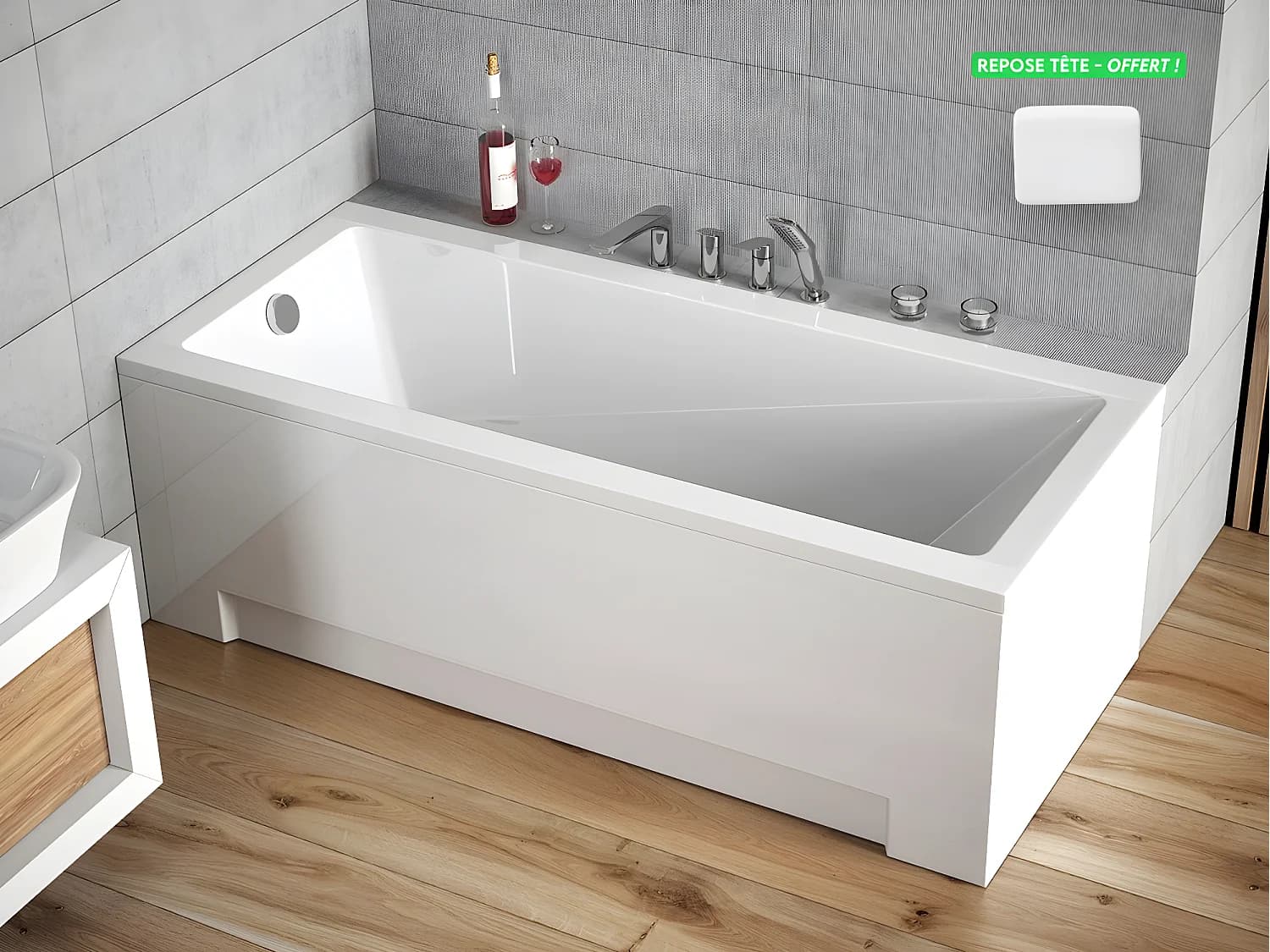 Baignoire rectangulaire - avec Tablier Blanc et Repose Tête OFFERT | MODERN | 170 x 70 cm