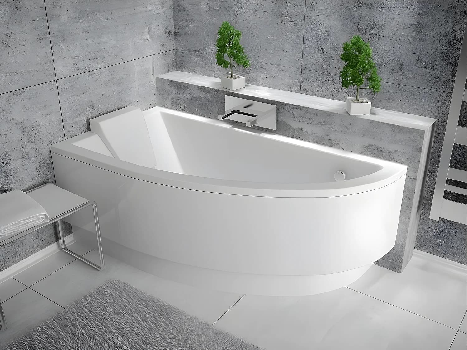 Baignoire asymétrique + tablier blanc + repose tête - PRAKTIKA - 150 x 70 cm - Gauche