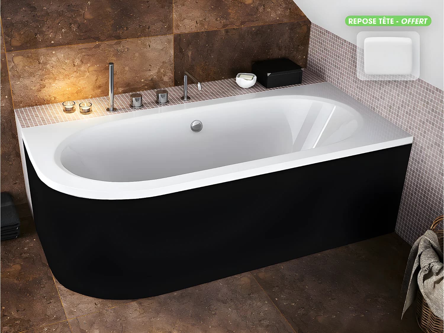 Baignoire d'angle - avec tablier noir Mat et repose tête offert | AVITA | 170 x 75 cm - Droite