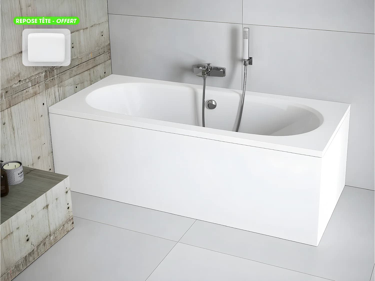 Baignoire rectangulaire - avec Tablier Blanc et Repose Tête OFFERT | VITAE | 150 x 75 cm