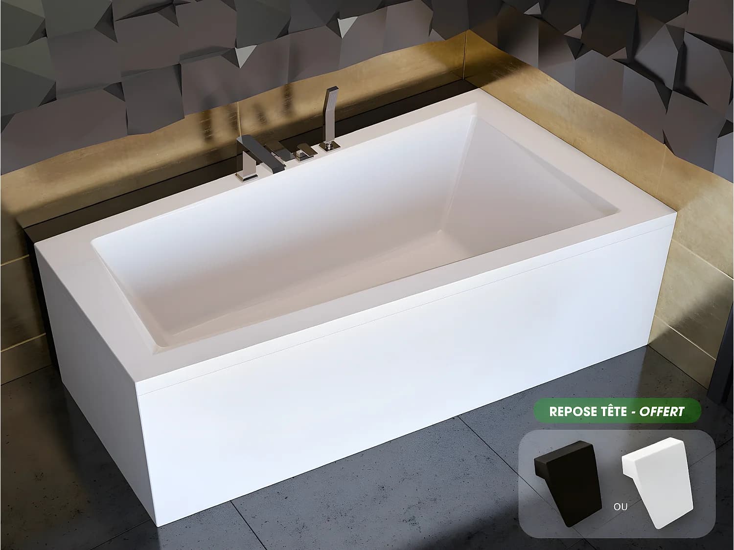 Baignoire asymétrique + tablier blanc + repose tête - INTIMA - 160 x 90 cm - Droite
