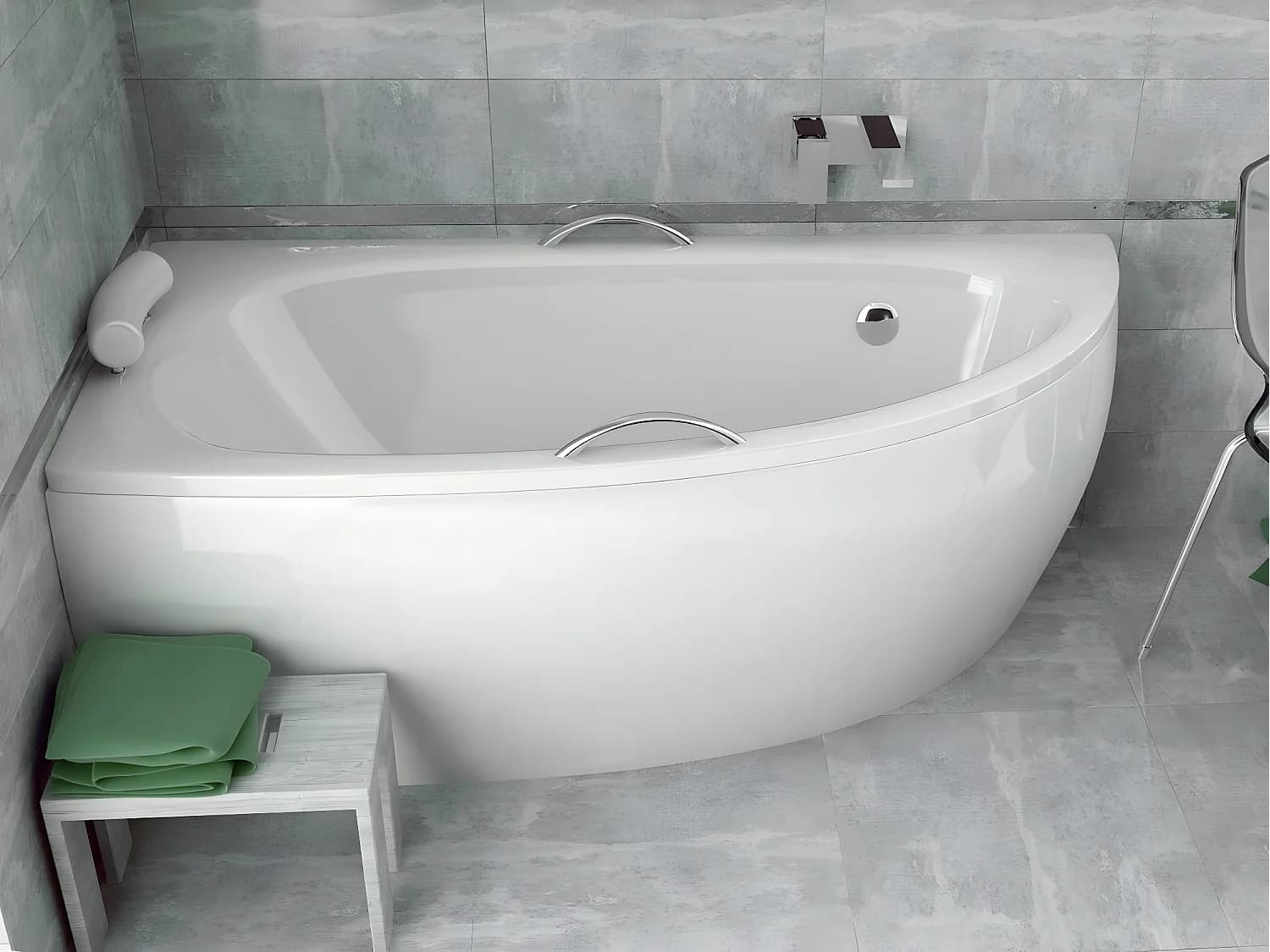 Baignoire asymétrique + tablier blanc + repose tête + poignées - MILENA PREMIUM - 150 x 70 cm - Gauche