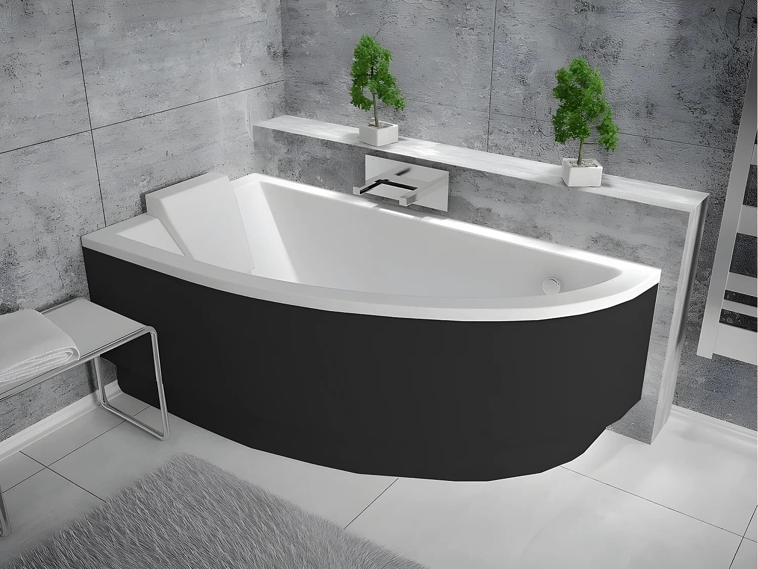 Baignoire asymétrique + tablier noir + repose tête - PRAKTIKA - 140 x 70 cm - Gauche