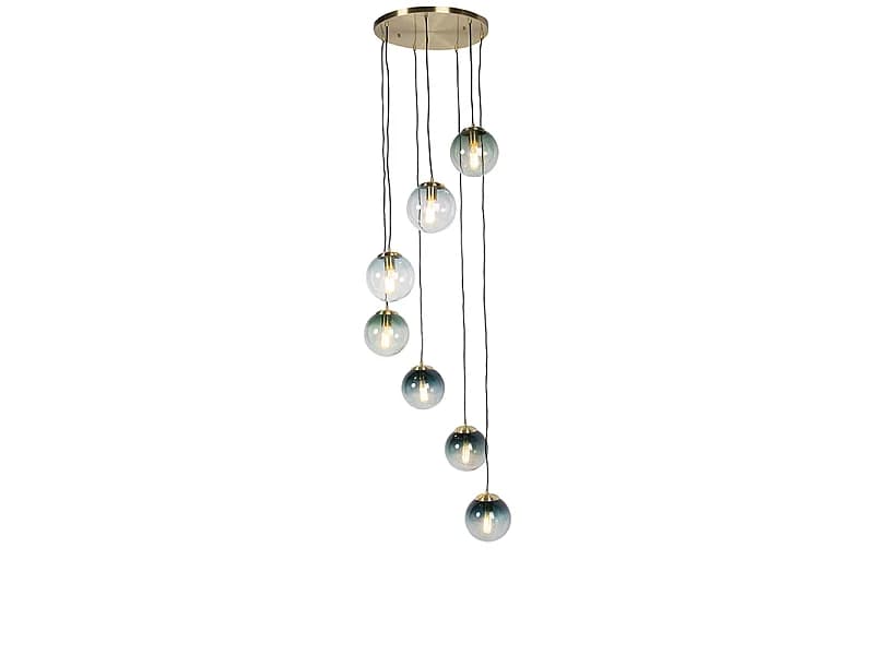 Suspension Art Déco en laiton avec verre bleu 7 lumières - Pallon
