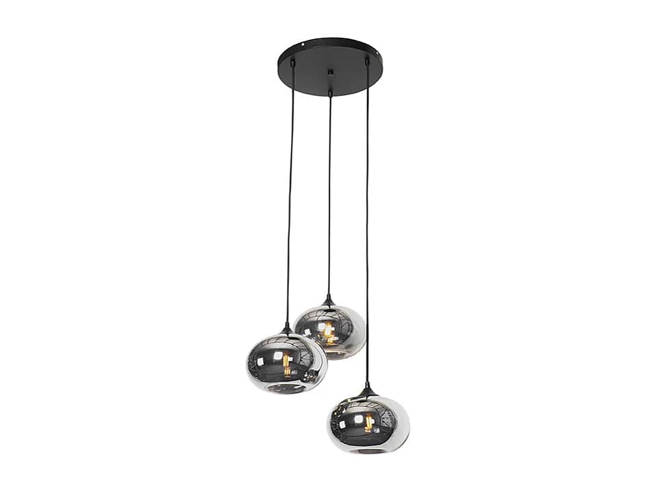 Suspension Art Déco noire avec verre fumé 3 lumières ronde - Busa