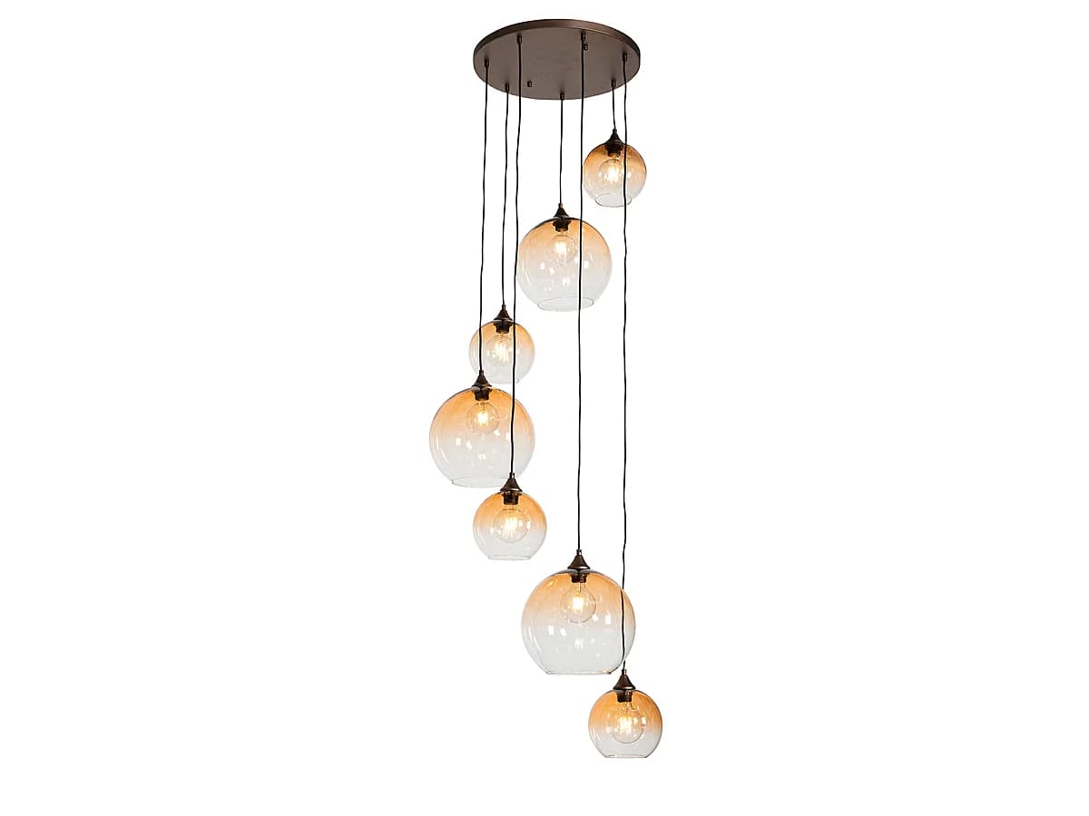 Suspension Art Déco bronze foncé avec verre ambré 7 lumières - Sandra