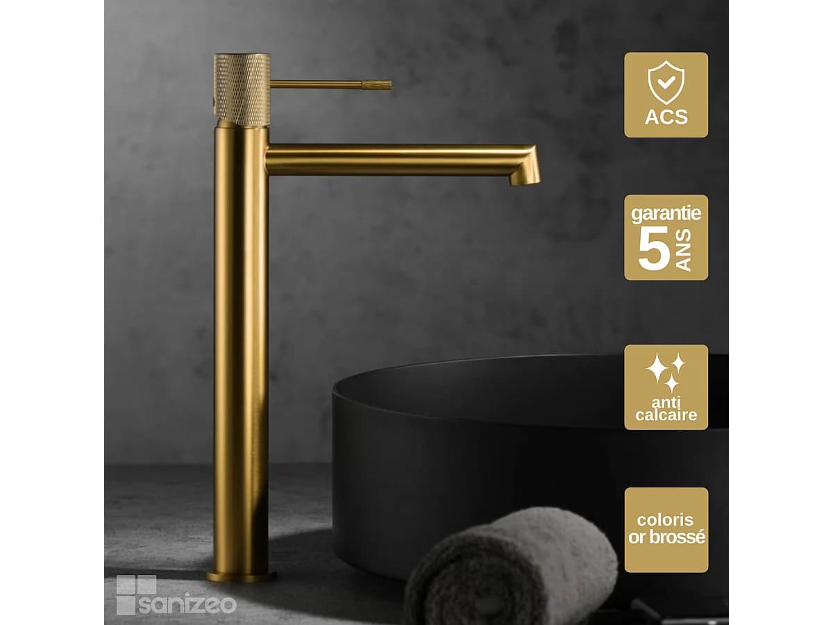 Mitigeur Lavabo Salle de Bain or brossé – Bec Haut Anti-Calcaire – Design moderne - LINE IMEX