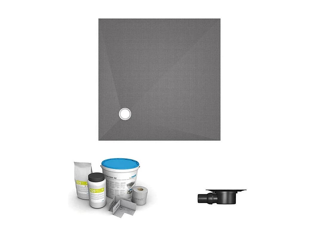 Receveur de douche à carreler 150 x 150 WEDI Fundo Primo carré écoulement excentré + bonde horizontale + kit d'étanchéité