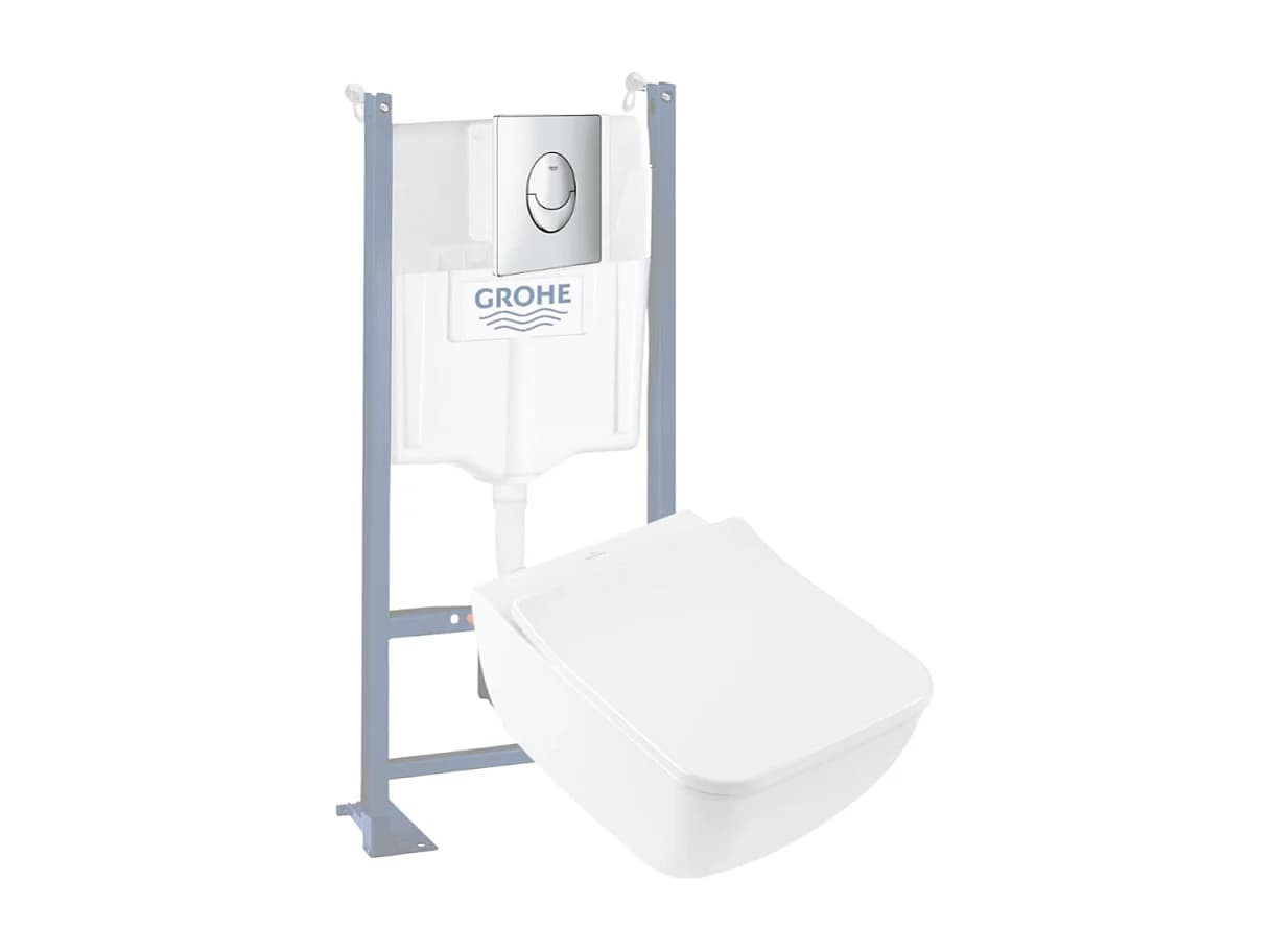 Pack WC suspendu sans bride VILLEROY ET BOCH Venticello + abattant + plaque chromée + bâti Grohe
