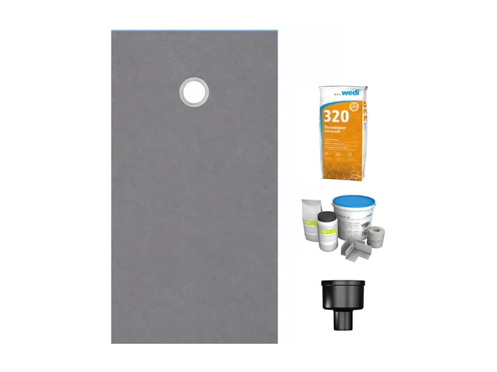 Receveur de douche à carreler 120 x 90 WEDI Fundo Primo écoulement excentré + bonde verticale + kit d'étanchéité + colle 320