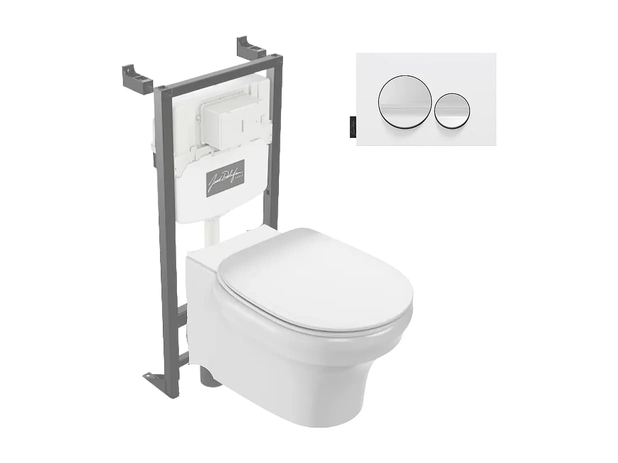 Pack WC suspendu sans bride à économie d'eau JACOB DELAFON Cléo 1889 + abattant + bâti-support + plaque ronde blanche