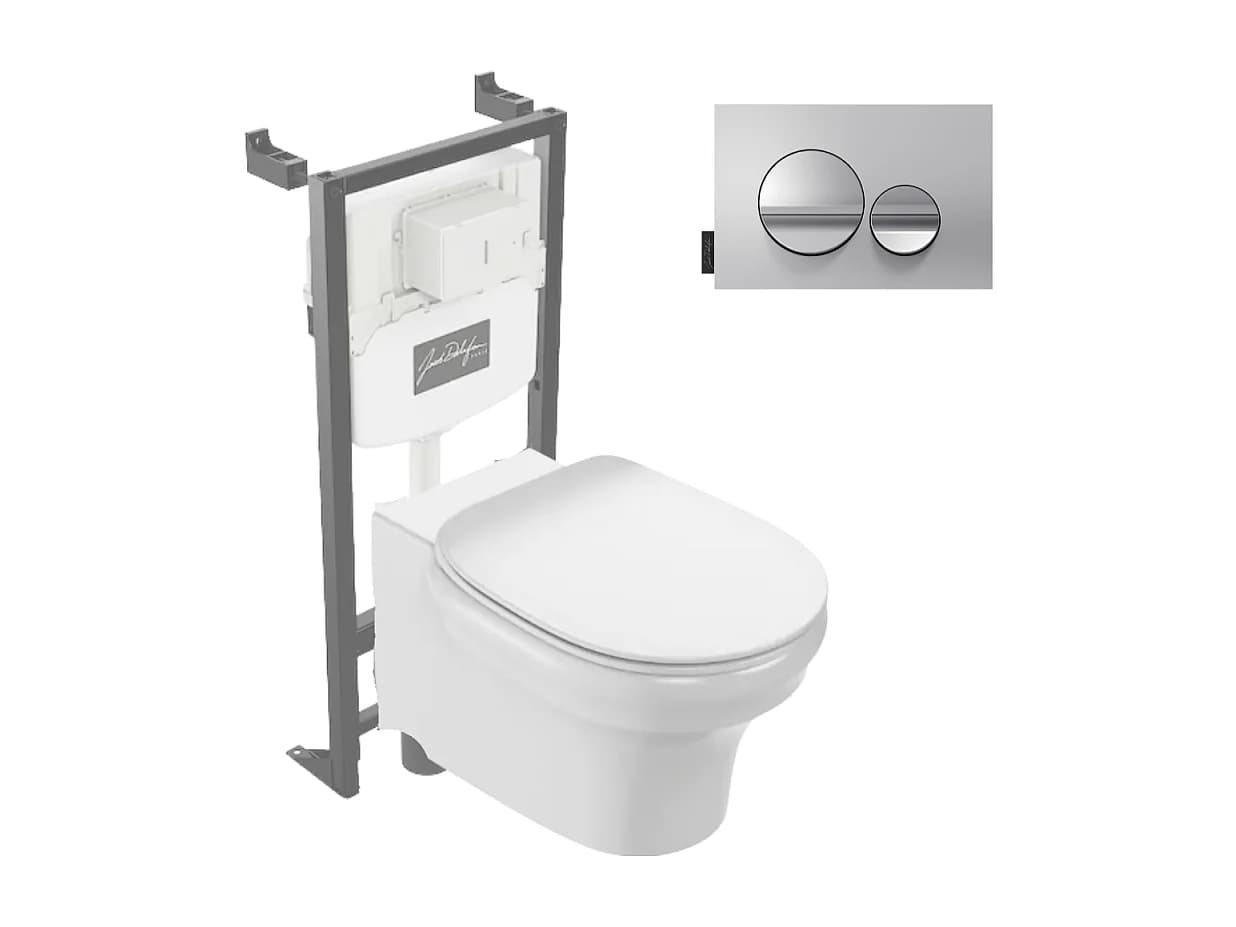 Pack WC suspendu sans bride à économie d'eau JACOB DELAFON Cléo 1889 + abattant + bâti-support + plaque ronde chromé