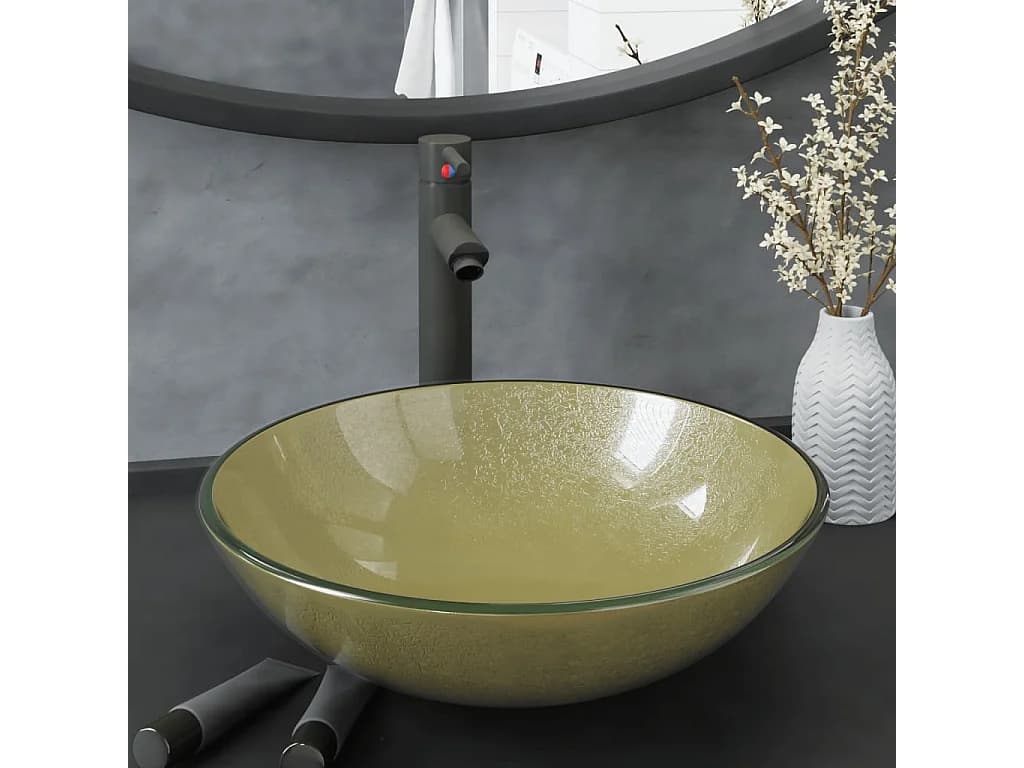 Vasque de bain avec robinet et drain à poussoir Verre trempé WVGQ1287