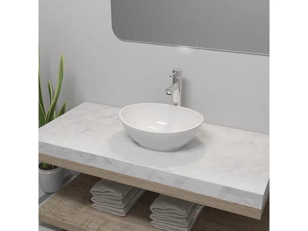 Vasque de salle de bain avec mitigeur Céramique Ovale Blanc WVGQ4345