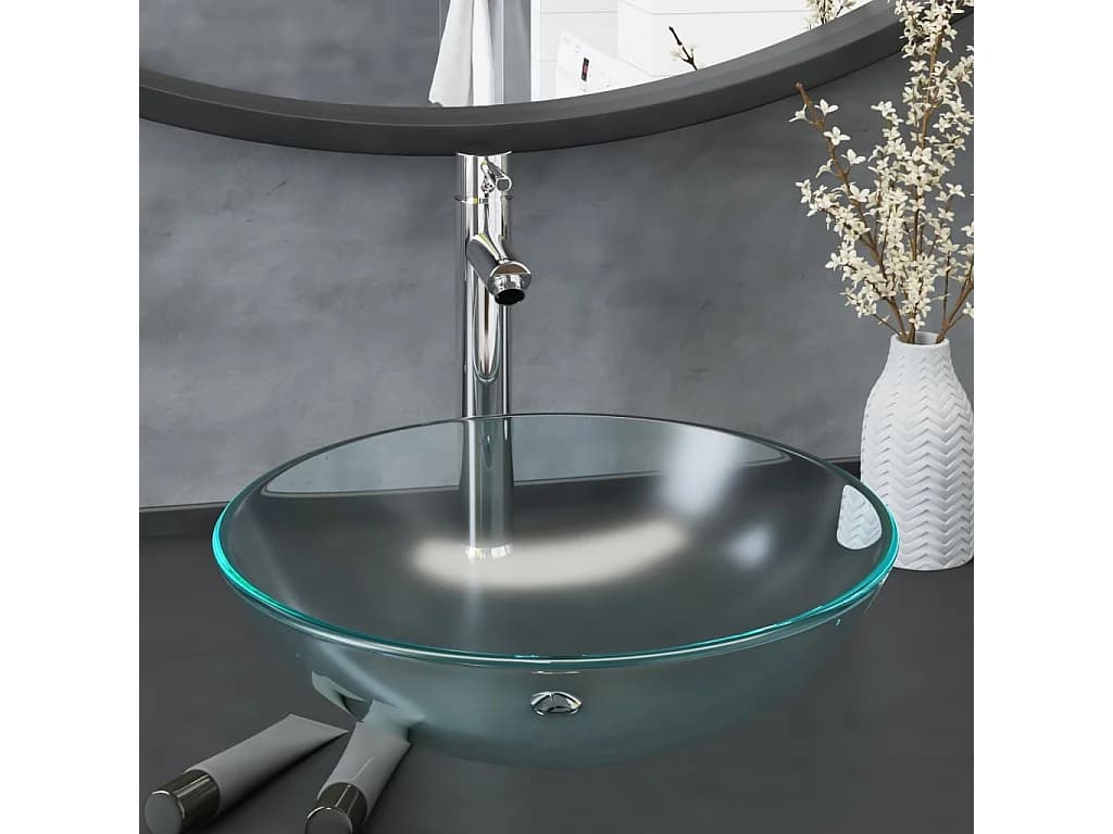 Vasque de bain avec robinet et drain à poussoir Verre trempé WVGQ1341
