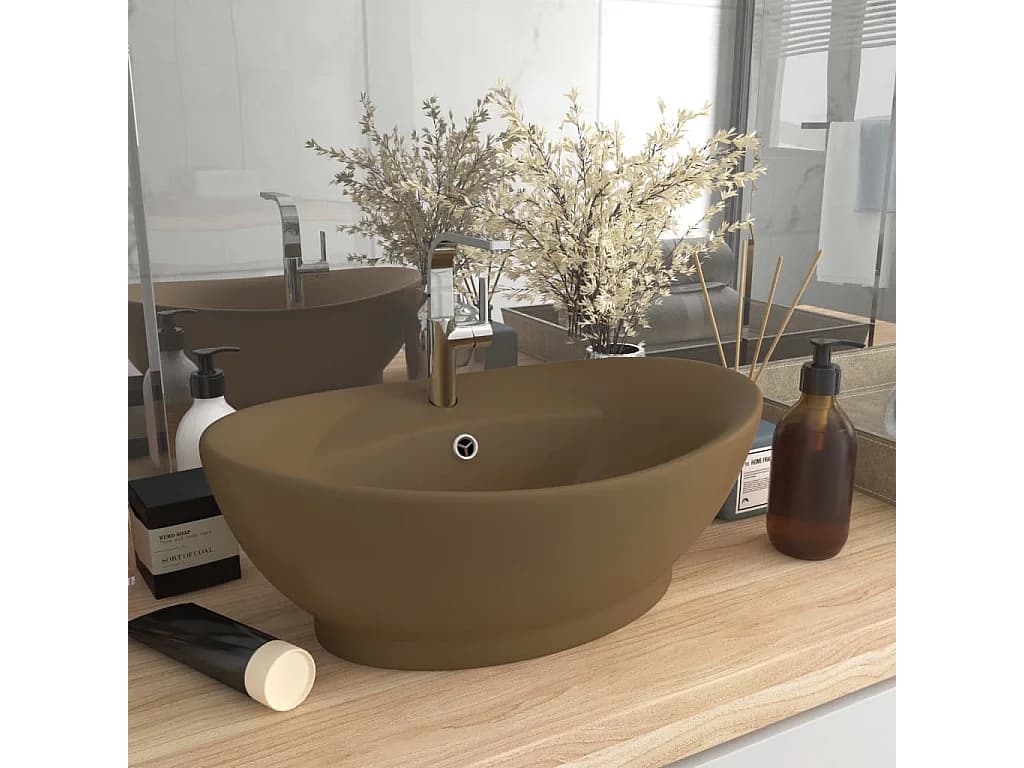Vasque ovale de luxe à trop-plein Crème mat 58,5x39cm Céramique WVGQ8812