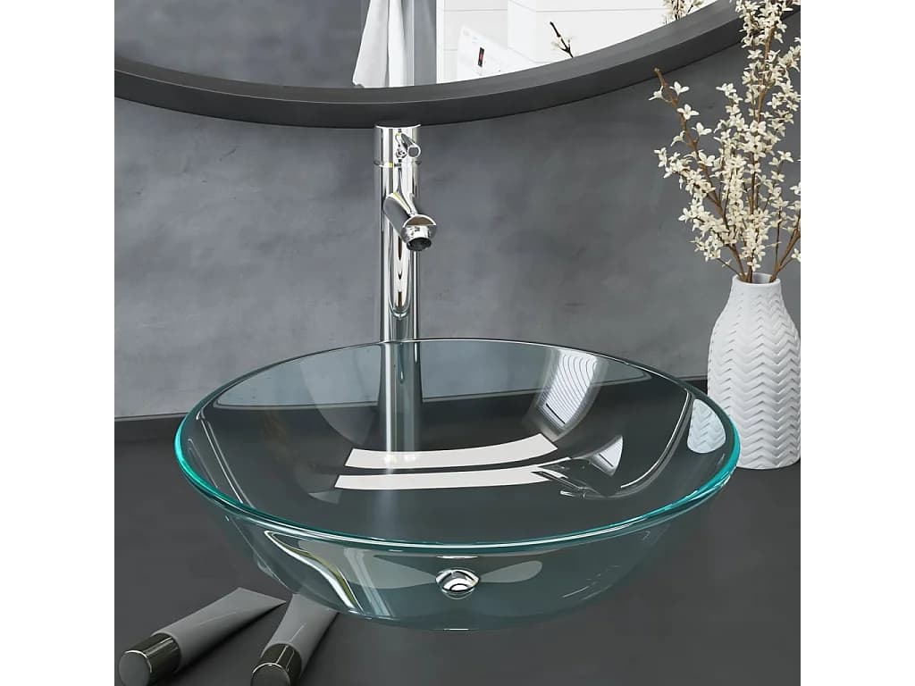 Vasque de bain avec robinet et drain à poussoir Verre trempé WVGQ4919
