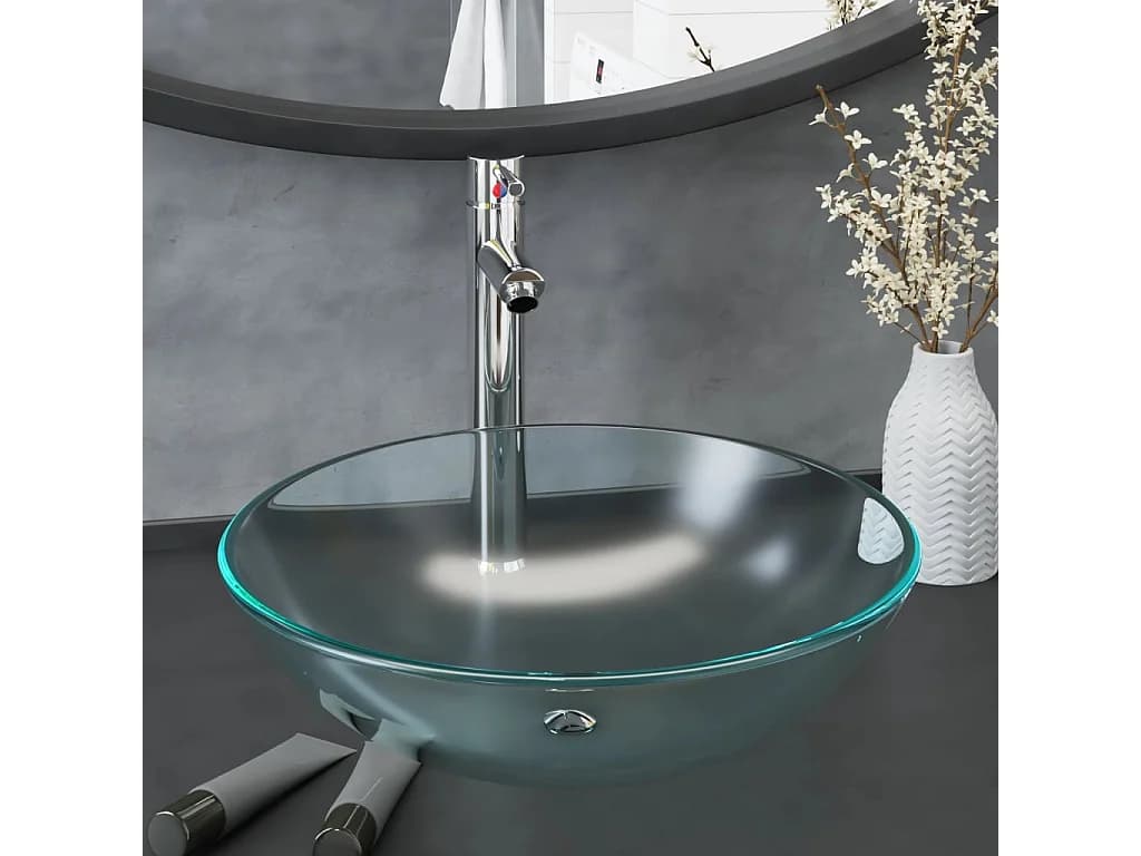 Vasque de bain avec robinet et drain à poussoir Verre trempé WVGQ6168