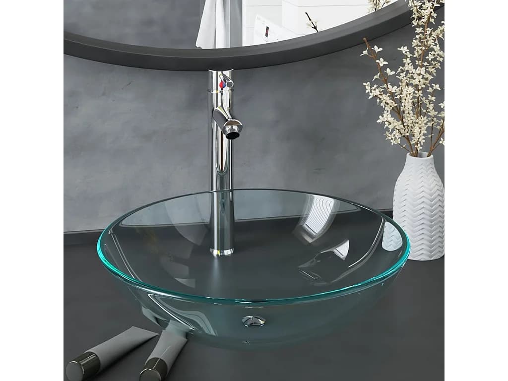 Vasque de bain avec robinet et drain à poussoir Verre trempé WVGQ4328