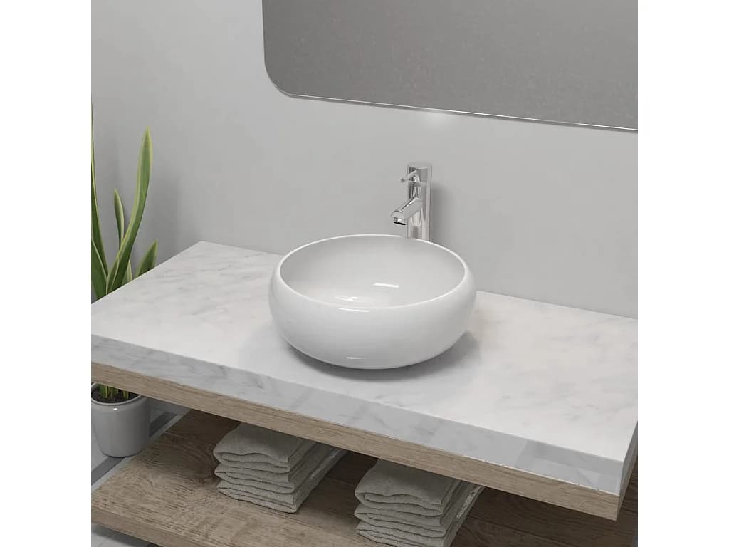 Vasque de salle de bain avec mitigeur Céramique Rond Blanc WVGQ5533