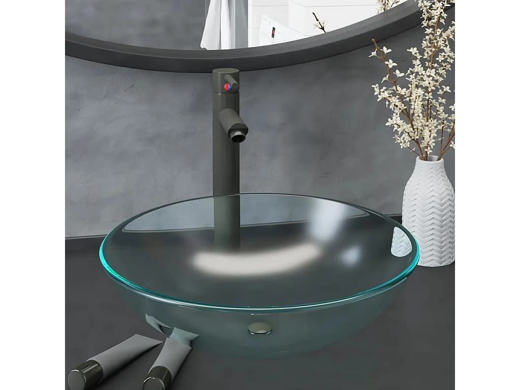 Vasque de bain avec robinet et drain à poussoir Verre trempé WVGQ2934