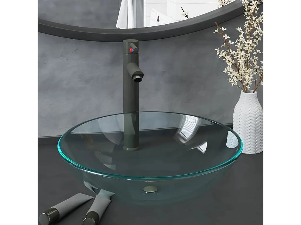 Vasque de bain avec robinet et drain à poussoir Verre trempé WVGQ7765