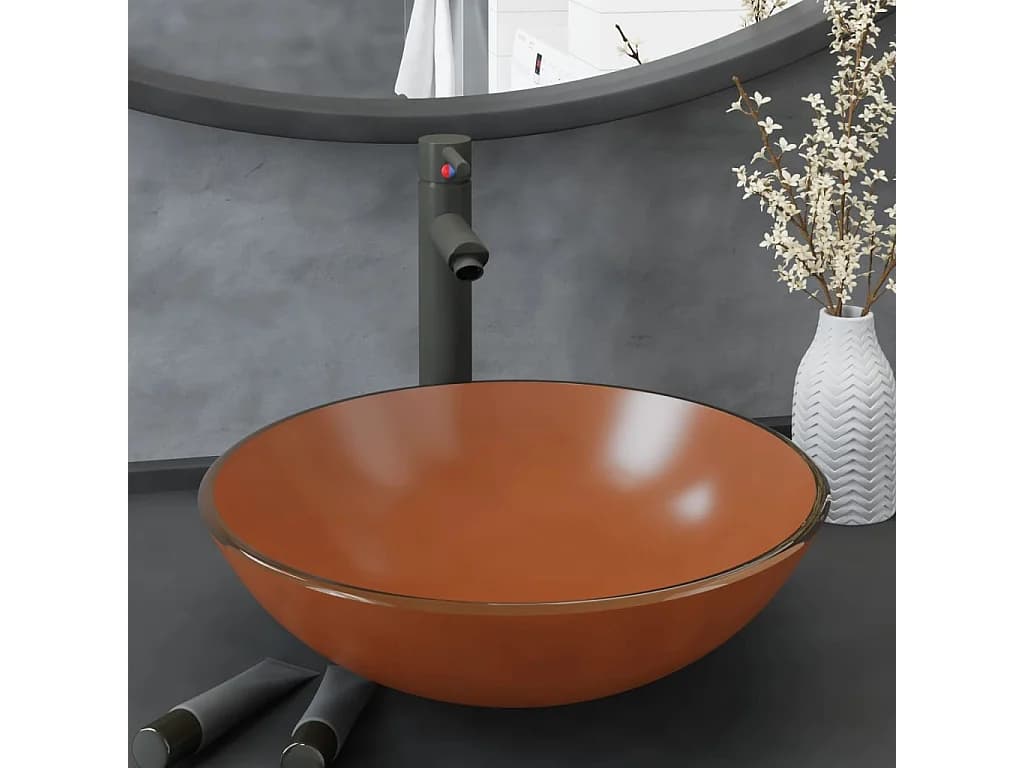 Vasque de bain avec robinet et drain à poussoir Verre trempé WVGQ7992