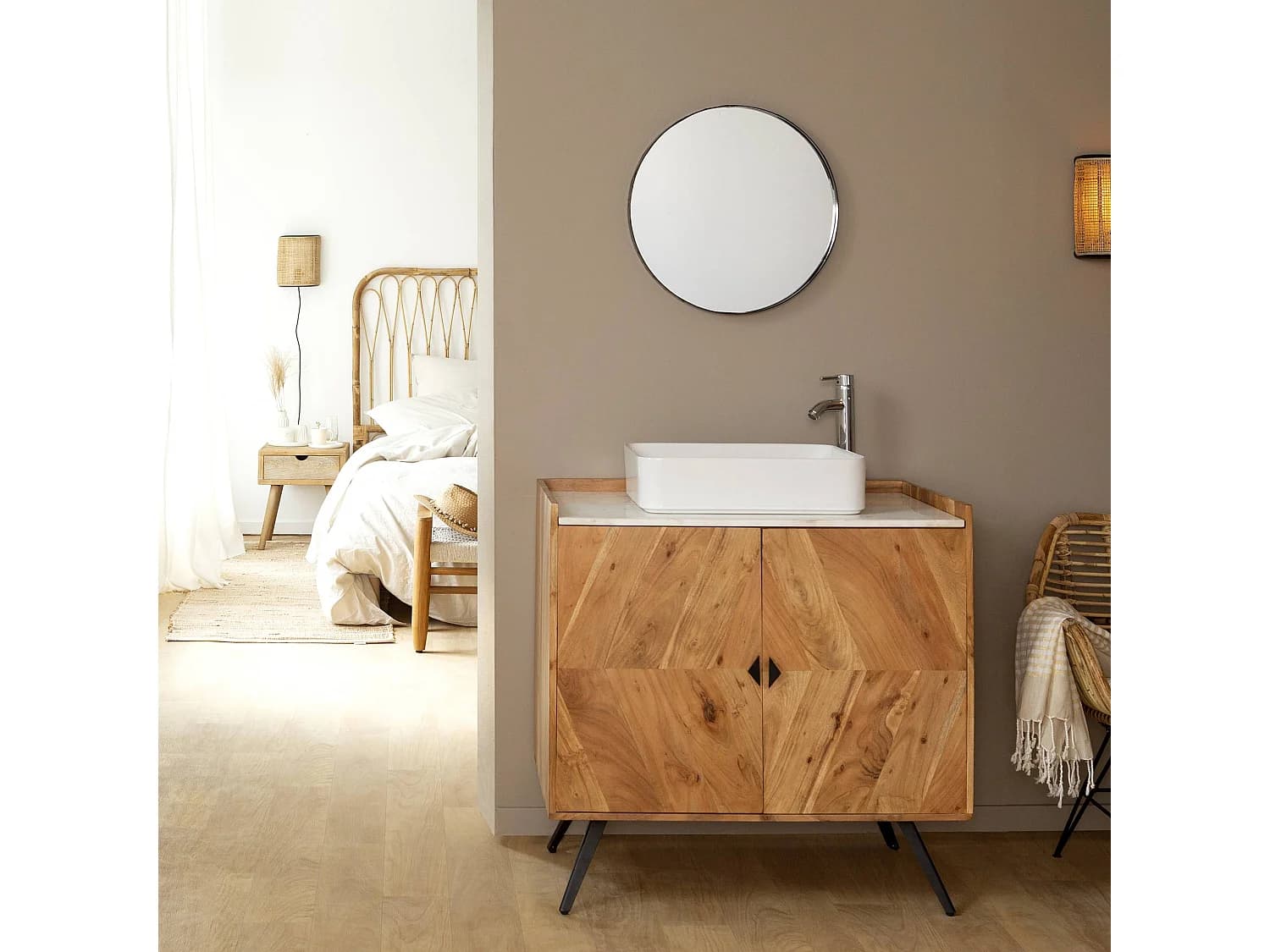 Meuble sous vasque en bois d'acacia et marbre Aloé