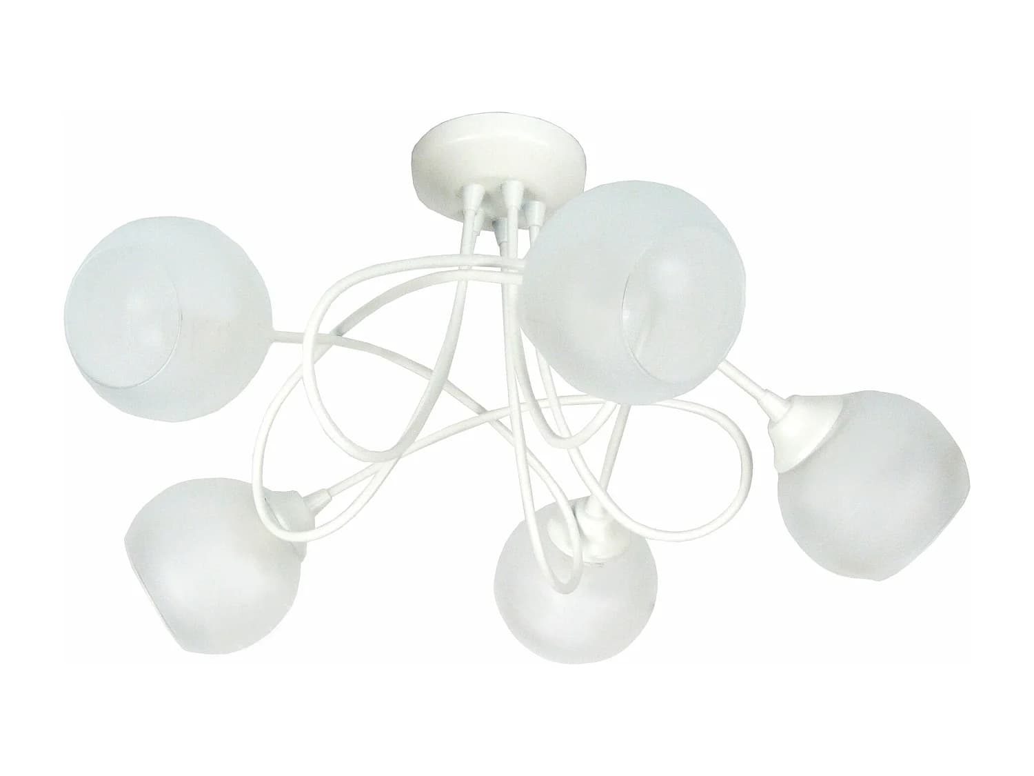Lustre 5 bras métal courbé blanc, boule verre 32 cm.