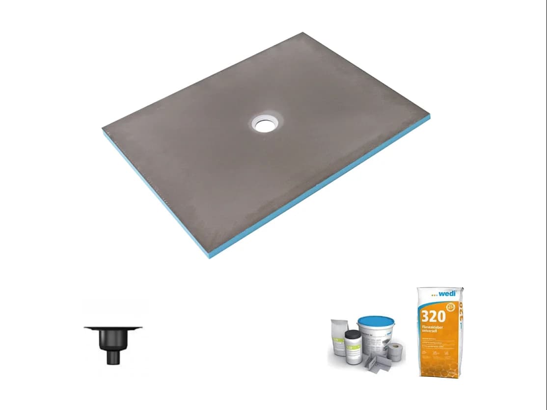 Receveur de douche à carreler 140 x 90 WEDI Fundo Primo écoulement centré + bonde verticale + kit d'étanchéité + colle 320