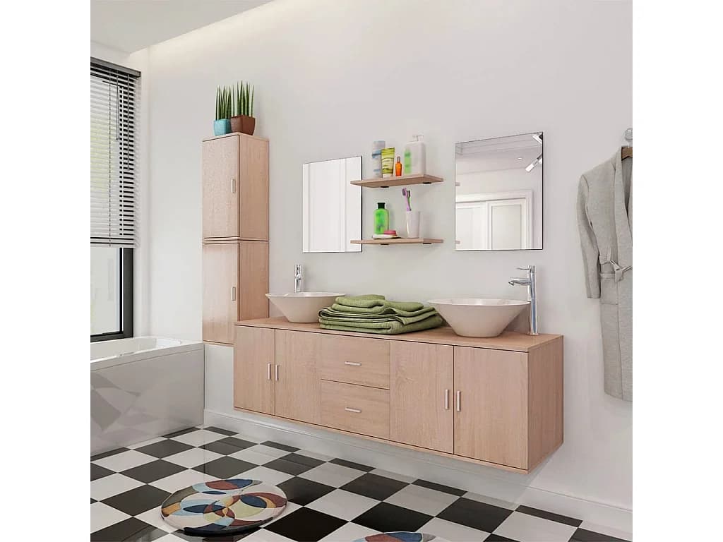 Meuble de salle de bain 11 pcs avec lavabo et robinet Beige