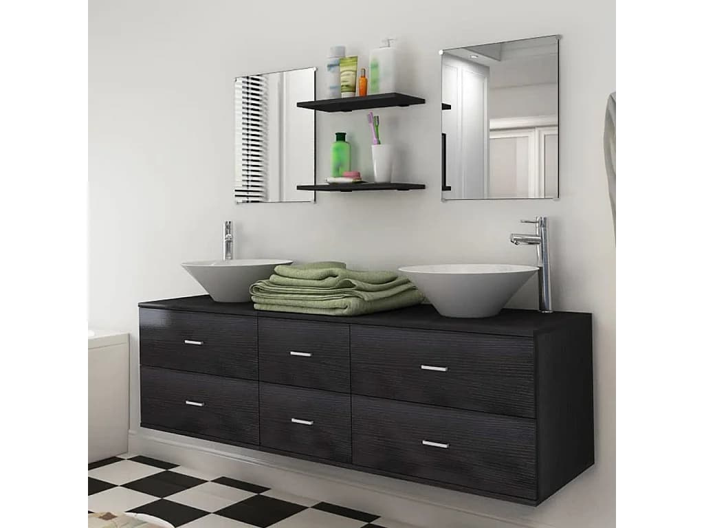 Meubles de salle de bain 9 pcs avec lavabo et robinet Noir