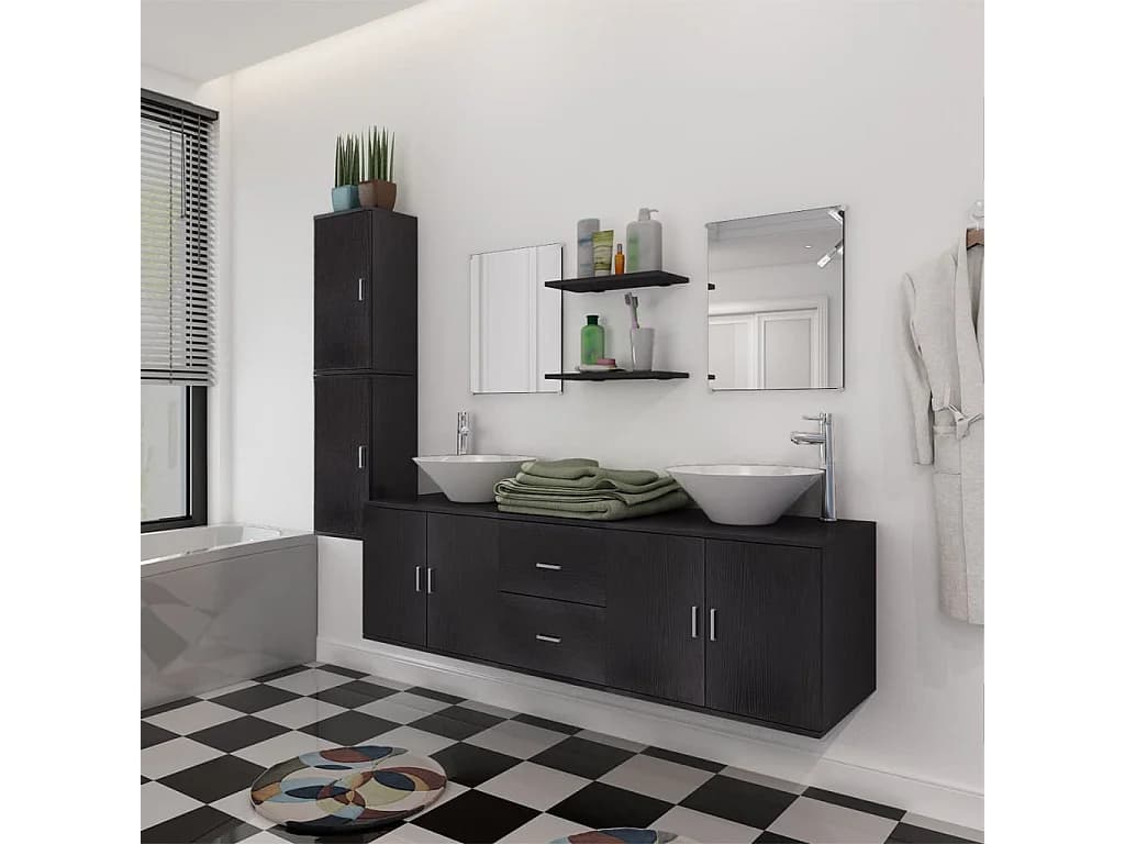 Meuble de salle de bain 11 pcs avec lavabo et robinet Noir