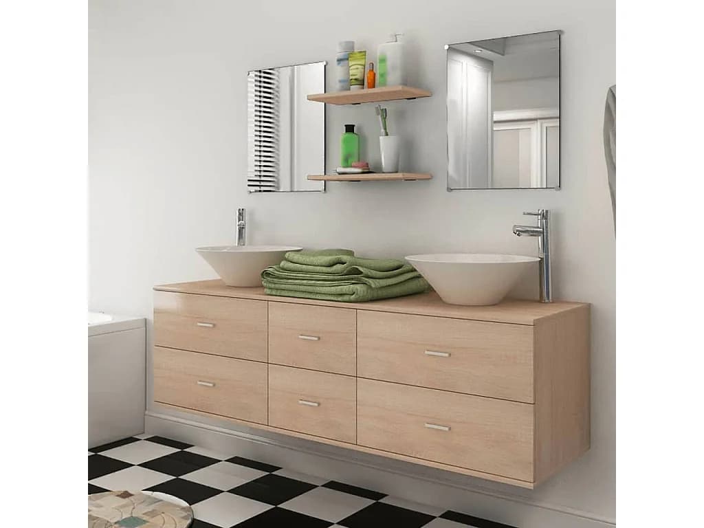 Meuble de salle de bain 9 pcs avec lavabo et robinet Beige