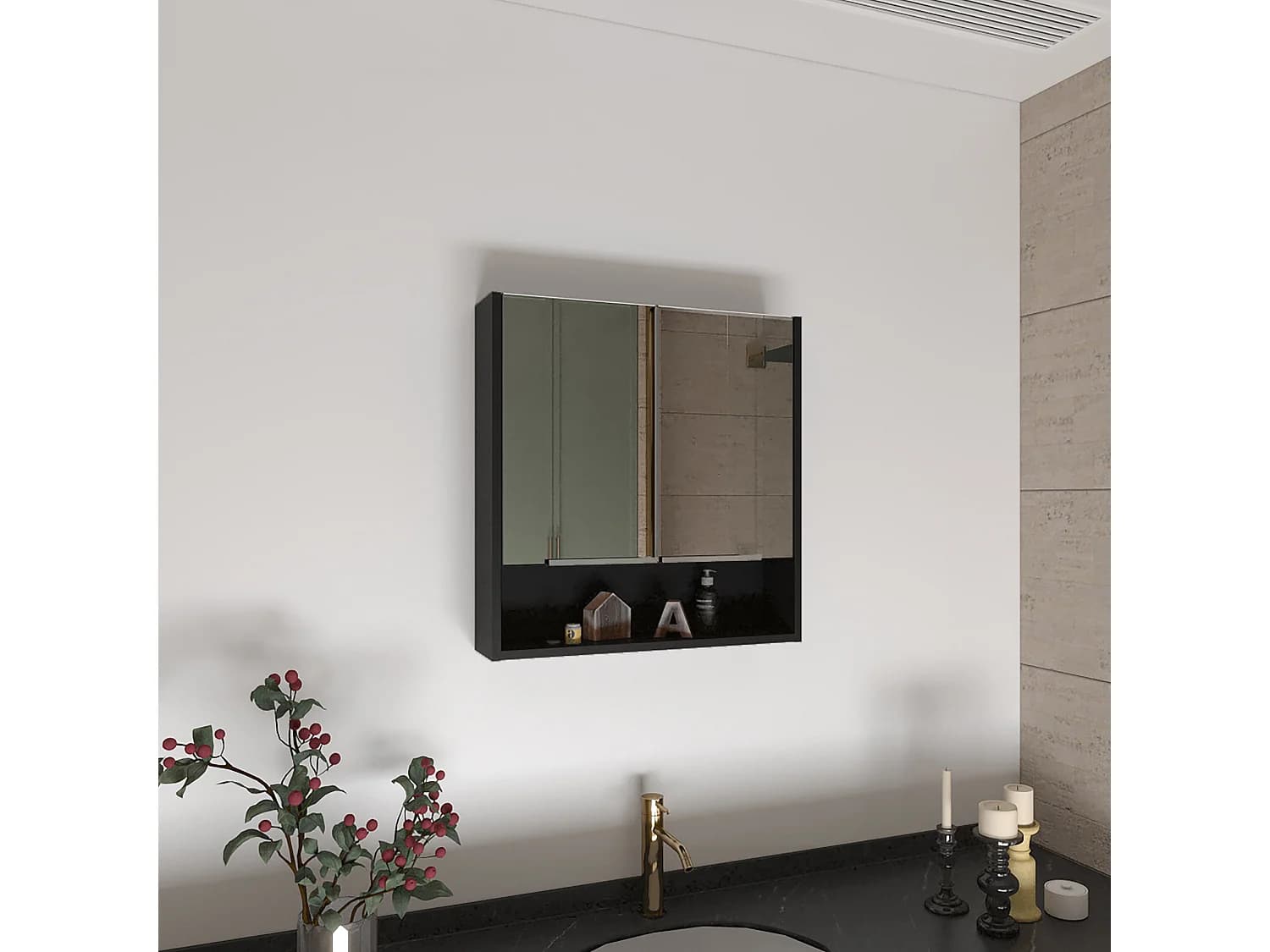 Trousse de secours Jaspe en mélamine, avec miroirs, 62.48 cm X 59.94 cm X 13.97 cm , Noir