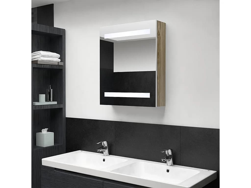 Armoire de salle de bain à miroir à LED blanc et chêne FR50142
