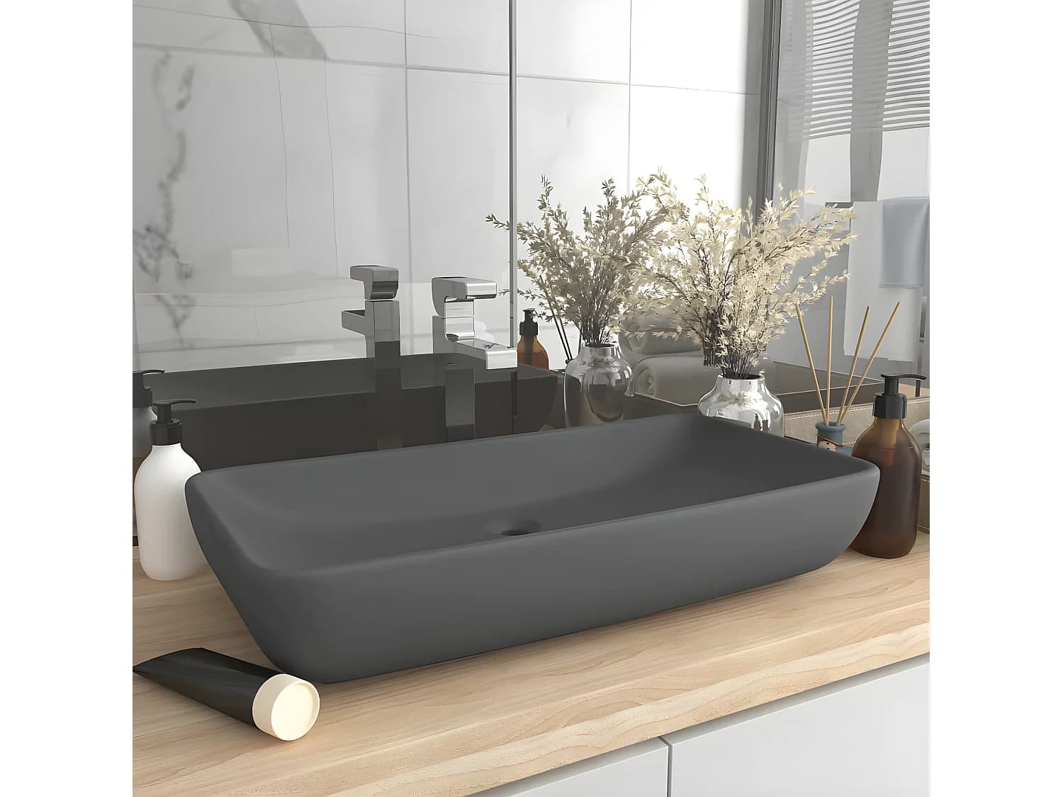 Vasque de luxe rectangulaire Gris foncé mat 71x38 cm Céramique FR682724