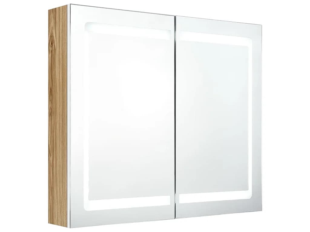 Armoire de salle de bain à miroir à LED Blanc et chêne