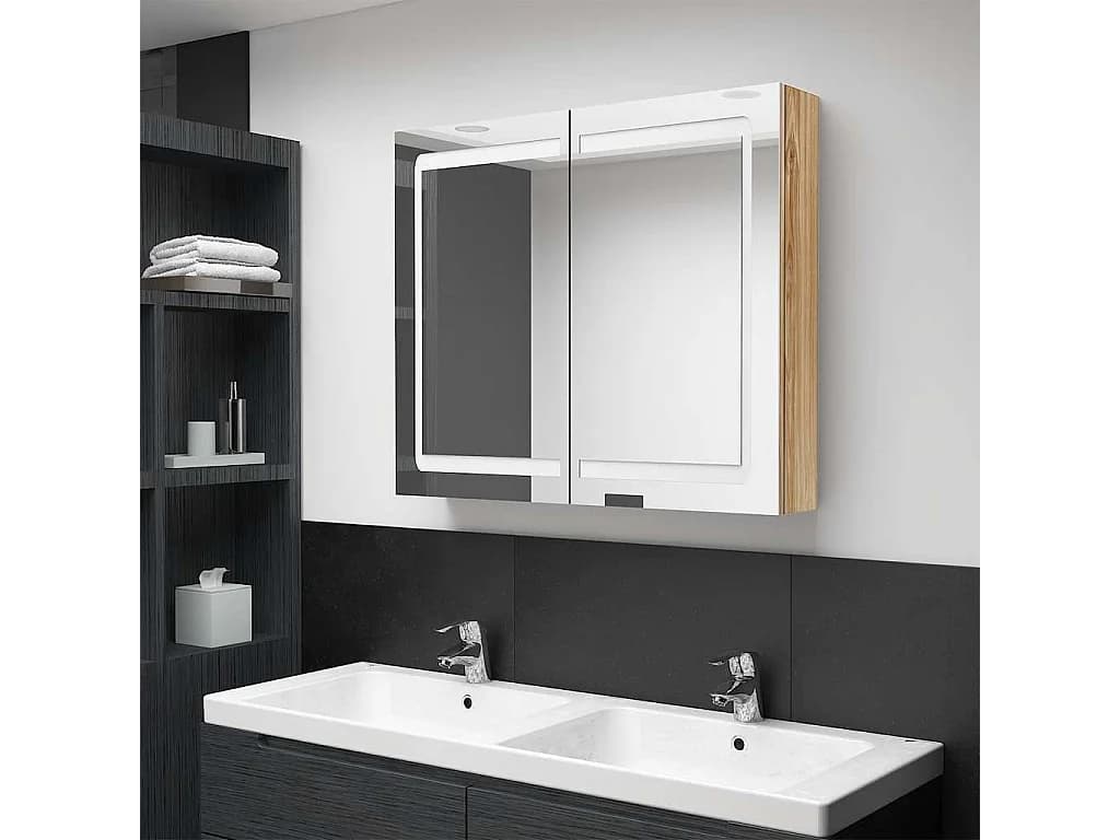 Armoire de salle de bain à miroir LED Chêne 80x12x68 cm