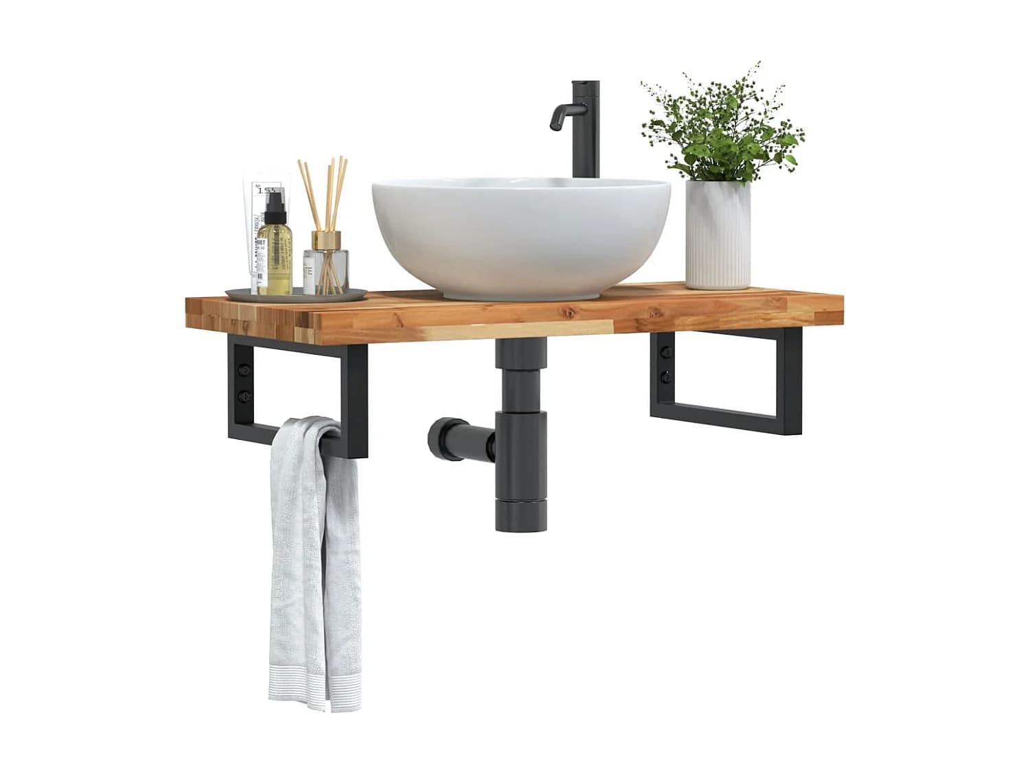 Meuble sous vasque murale acier et bois massif d'acacia FR749875