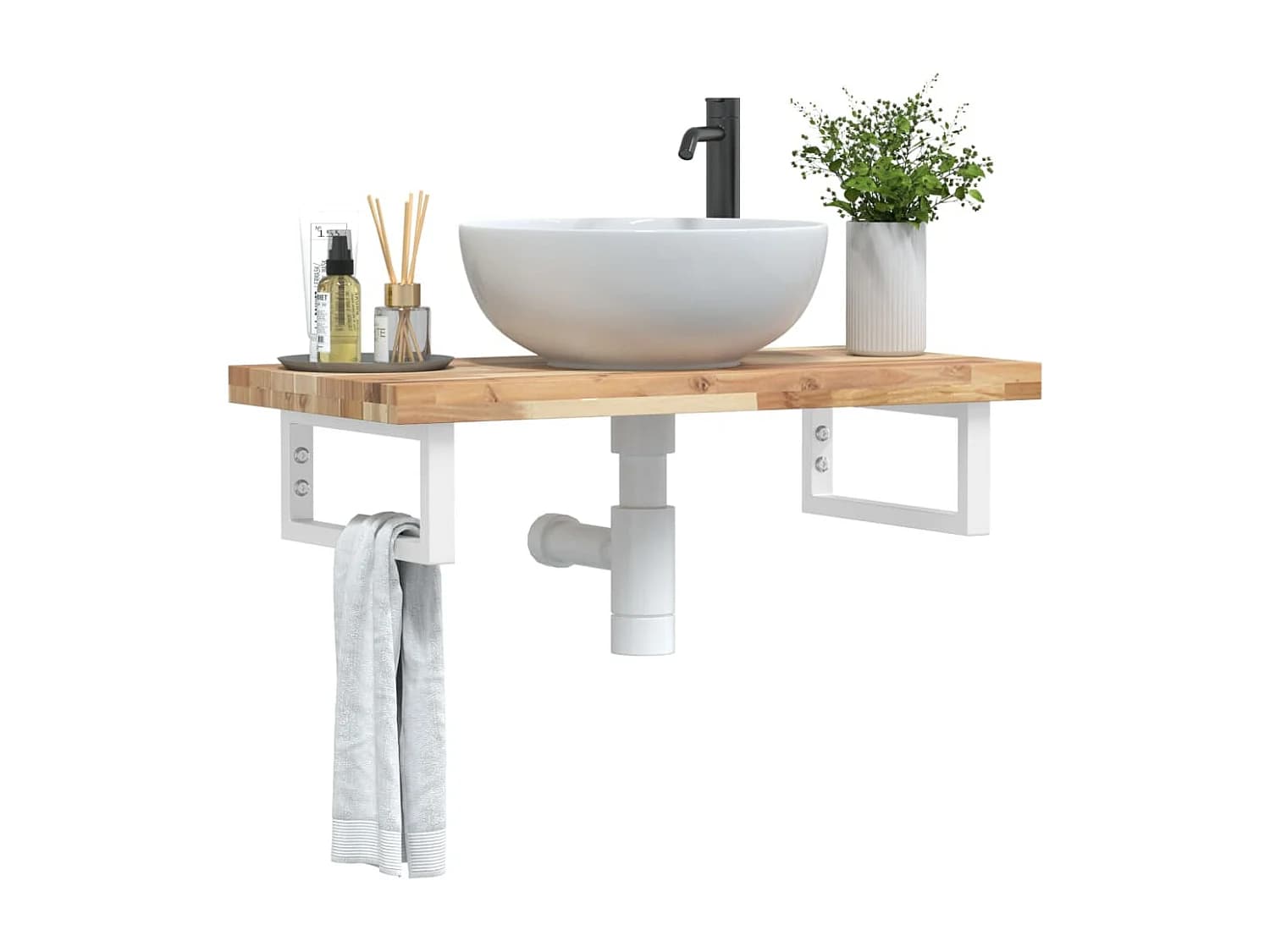 Meuble sous vasque murale acier et bois massif d'acacia FR452210