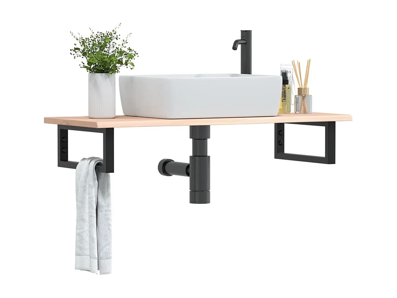 Meuble sous vasque murale acier et bois de chêne massif FR496381