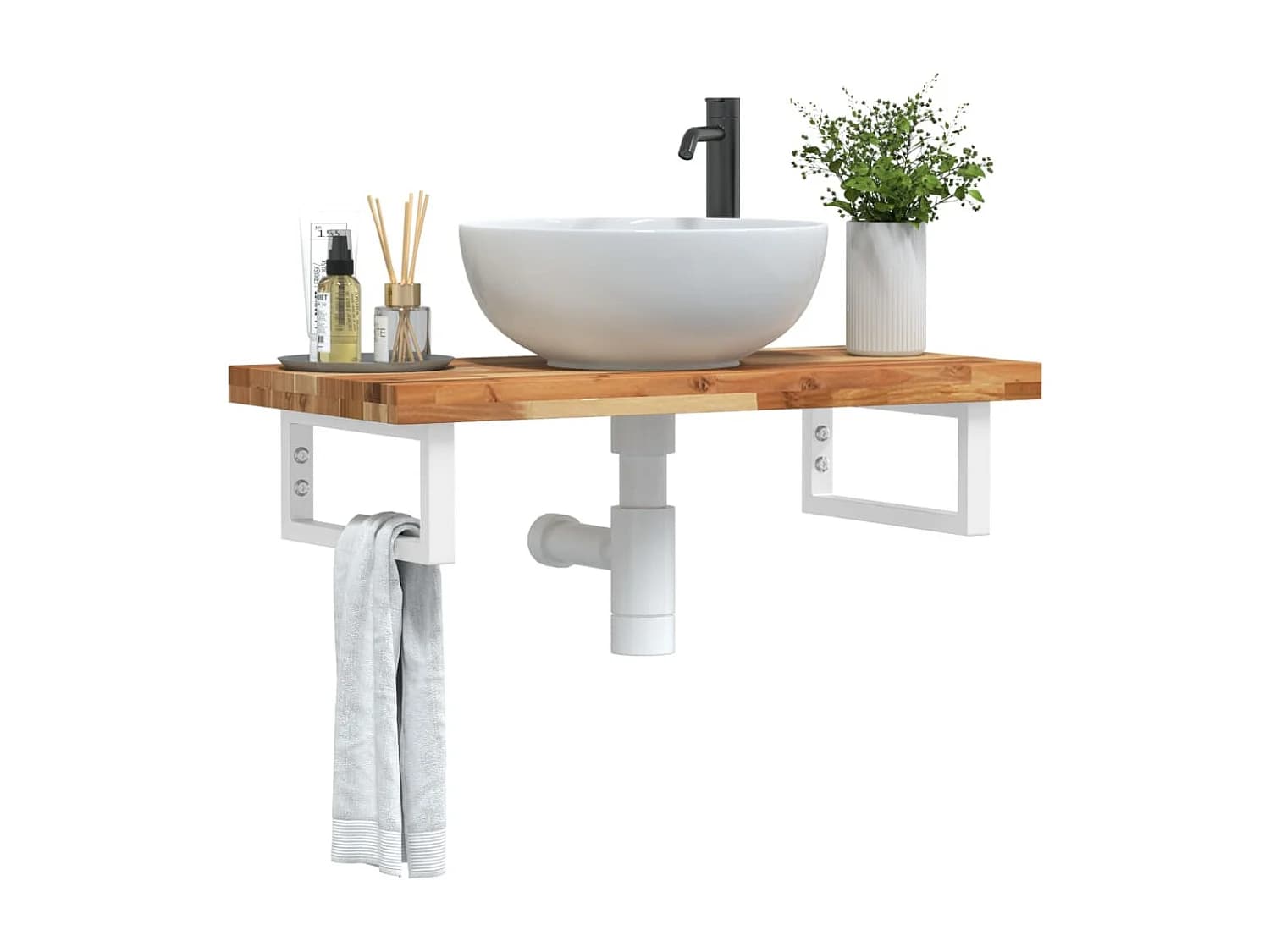 Meuble sous vasque murale acier et bois massif d'acacia FR235349