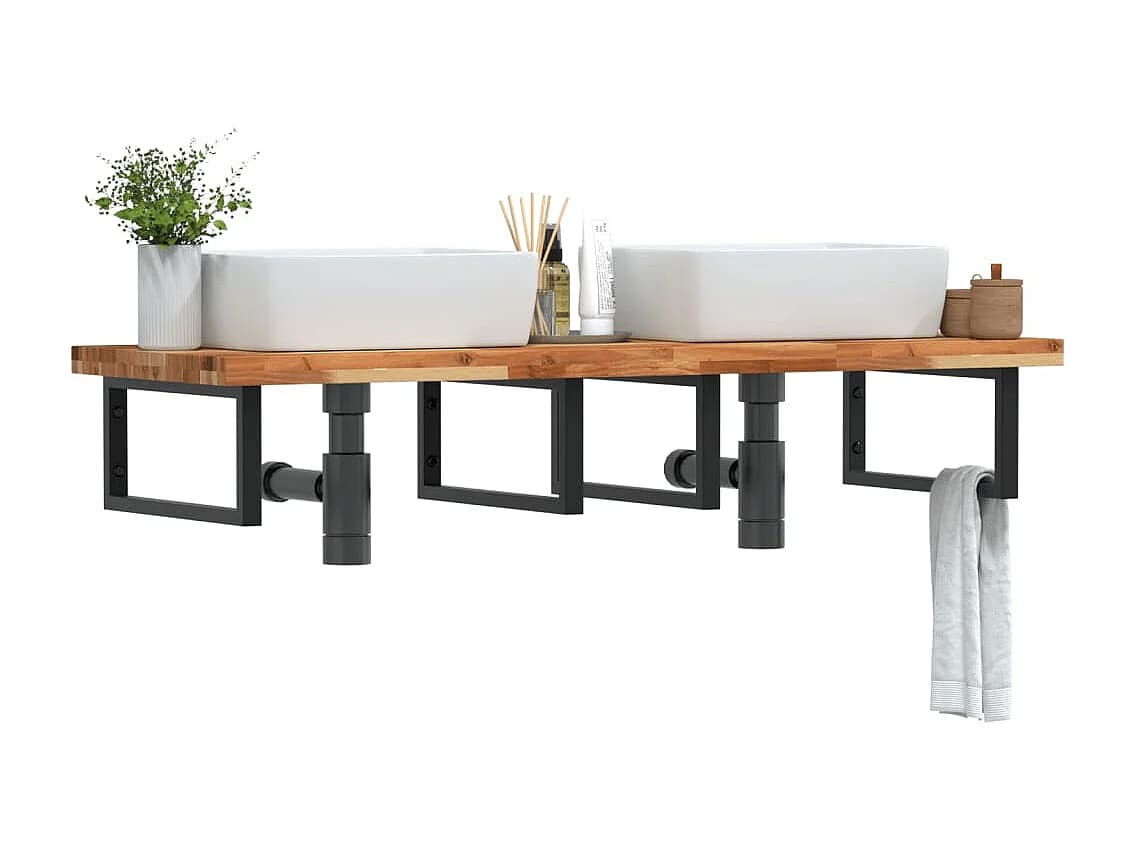 Meuble sous vasque murale acier et bois massif d'acacia FR690197