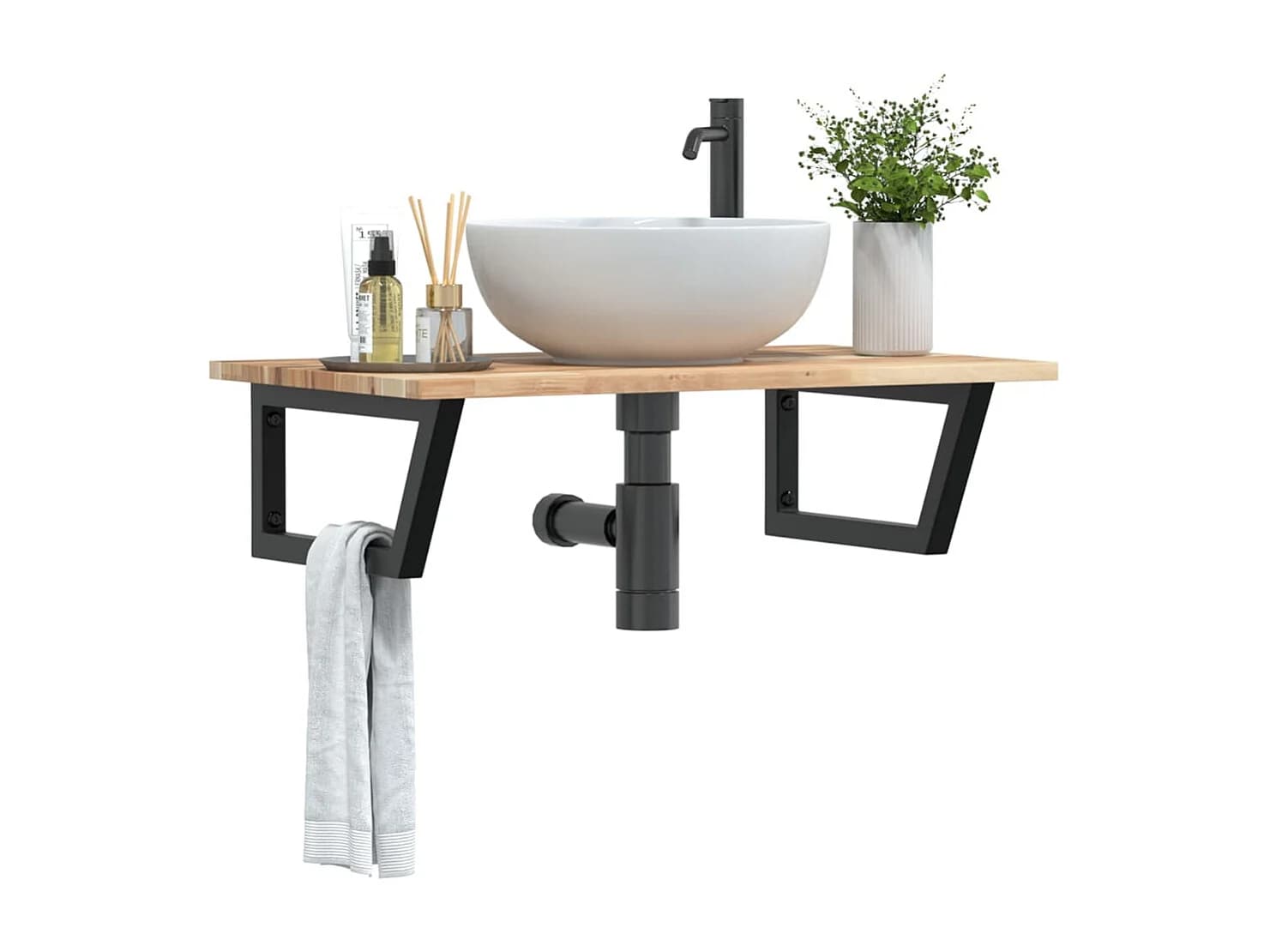 Meuble sous vasque murale acier et bois massif d'acacia FR841065