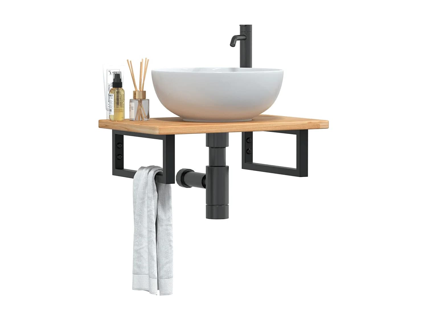 Meuble sous vasque murale acier et bois de chêne massif FR371828